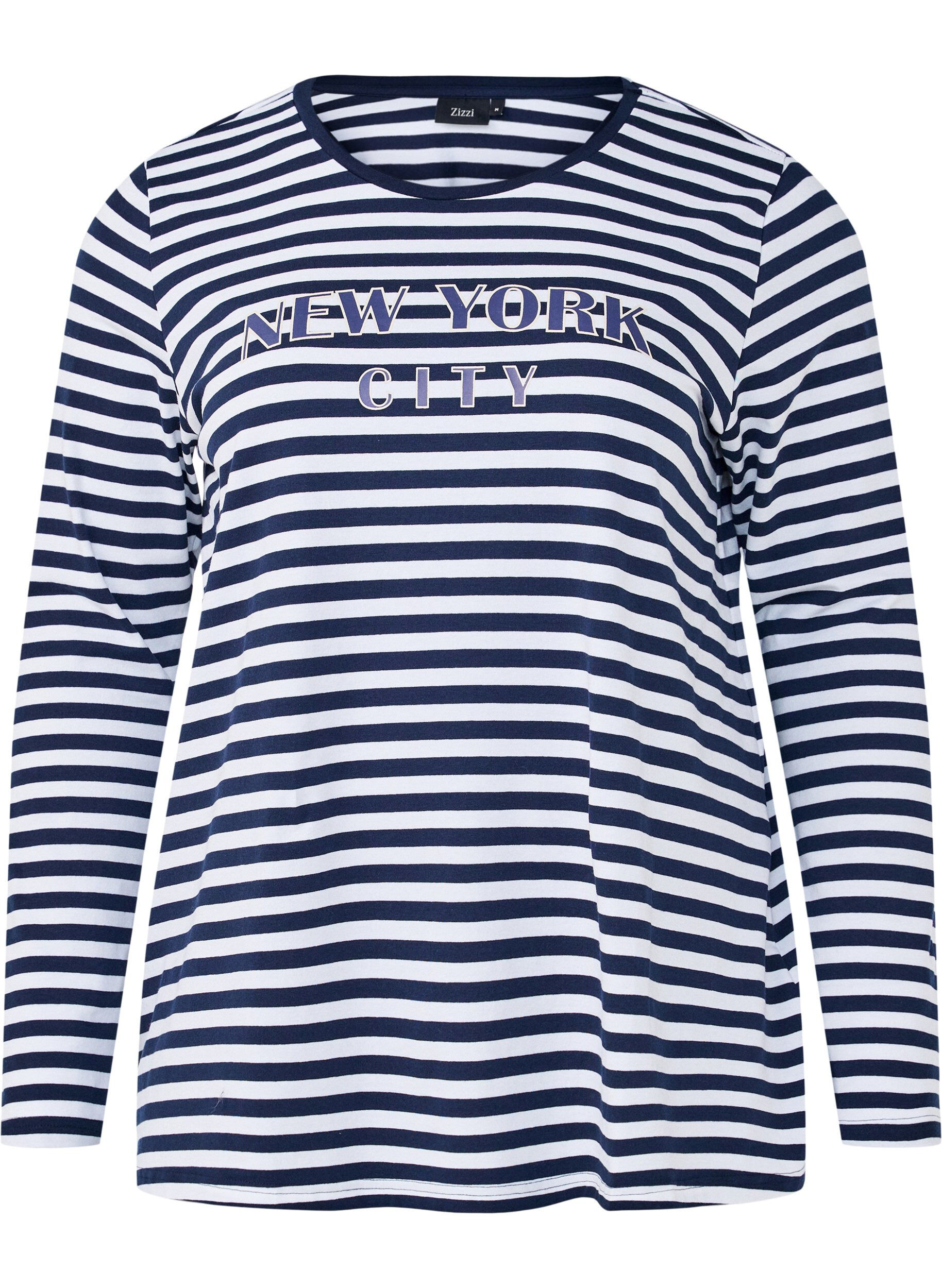 Zizzi Stripete bluse med motiv, White w.Navy Stripe, Packshot image number 0