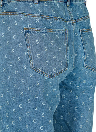 Cropped jeans med trykk og høy midje, Blue denim, Packshot image number 3