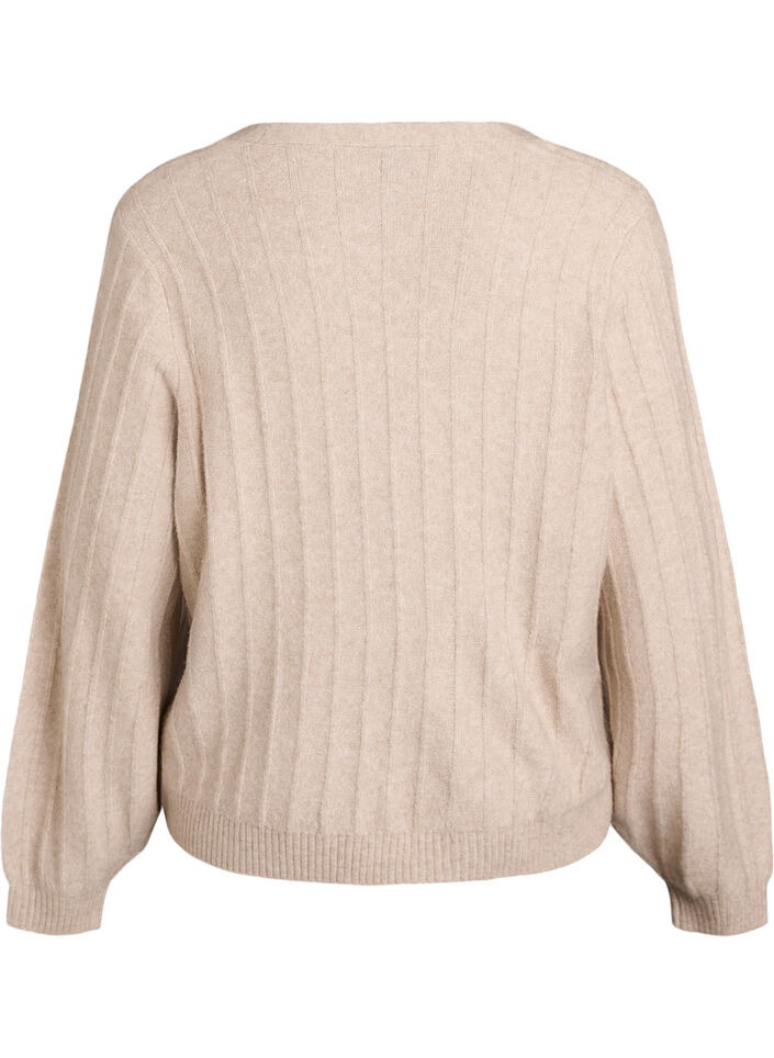 Cardigan med ribbet tekstur og ballongermer, Beige, Packshot image number 1