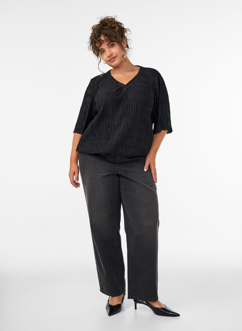 Bluse med b&oslash;lget tekstur og ballongfasong, Svart, Model image number 1
