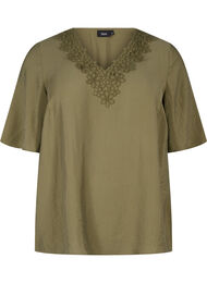 Viskosebluse med V-hals og broderidetaljer, Winter Moss