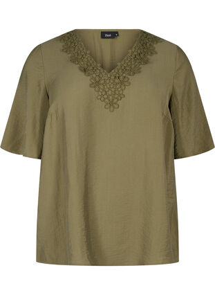 Zizzi Viskosebluse med V-hals og broderidetaljer, Grønn, Packshot image number 0