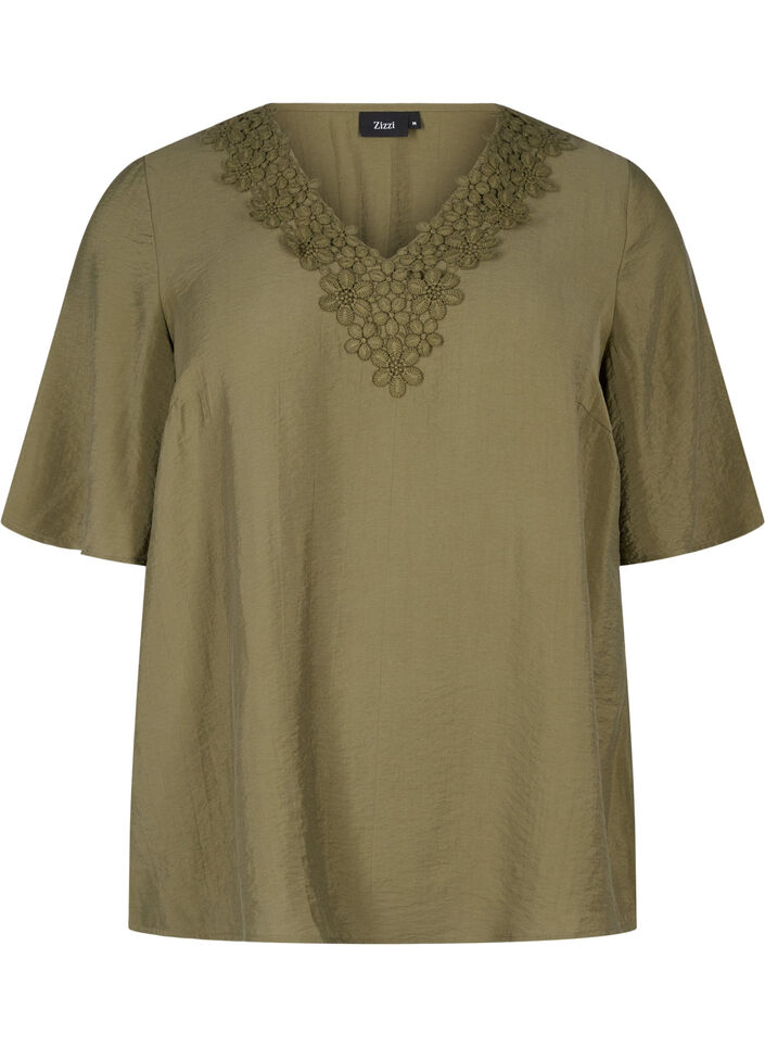 Viskosebluse med V-hals og broderidetaljer, Grønn, Packshot image number 0