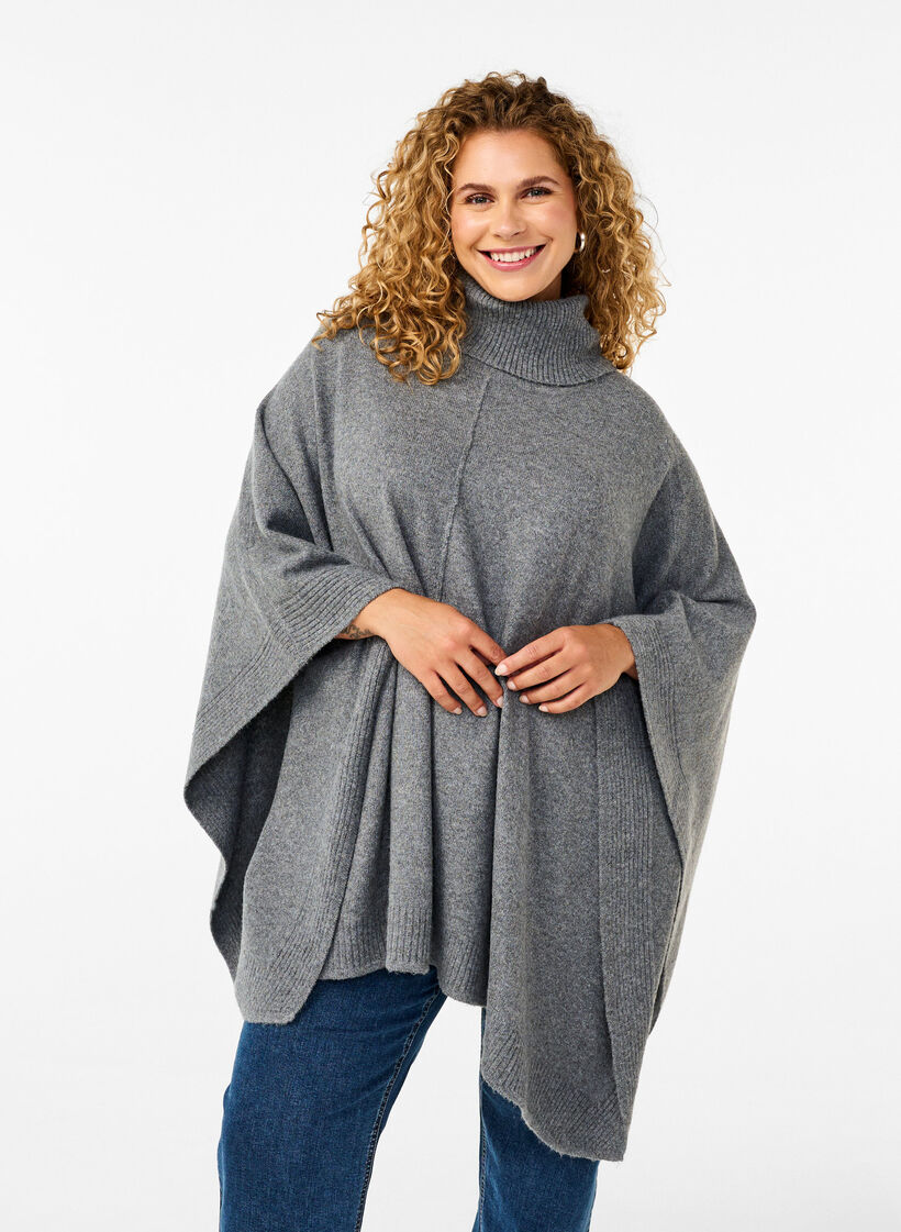 Poncho med høy hals, Medium Grey Melange, Model image number 0