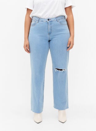Gemma jeans med høyt liv og hull på kneet, Ex Lgt Blue, Model image number 2