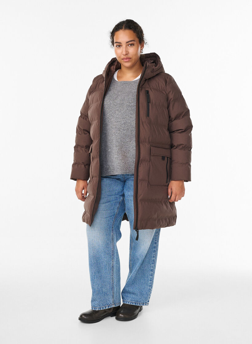 Pufferjakke med hette og lommer, Brun, Model image number 1