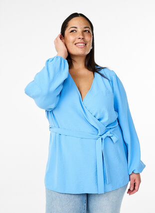 Zizzi Langermet omslagsbluse med knytebelte, Della Robbia Blue, Model image number 0