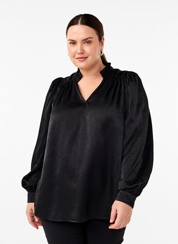 Zizzi Langermet bluse med volanger og V-hals, Black, Model image number 0