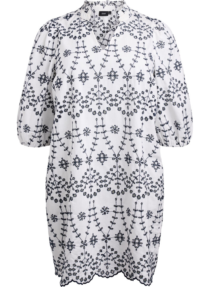 Kjole med kontrastfarget engelsk broderi, White w. Navy Blazer, Packshot image number 0