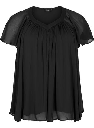 Ensfarget bluse med flaggermusermer og V-hals, Black, Packshot image number 0