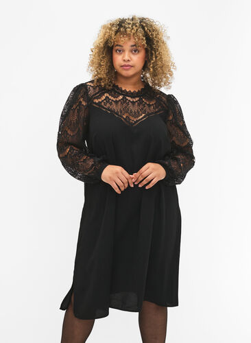 Langermet kjole med blonder, Black, Model image number 0
