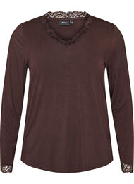 Viskose bluse med blonder og V-hals, Brun
