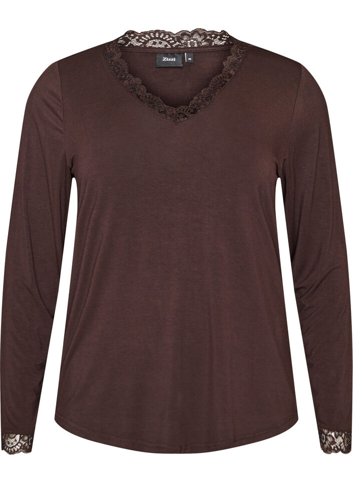 Viskose bluse med blonder og V-hals, Brun, Packshot image number 0