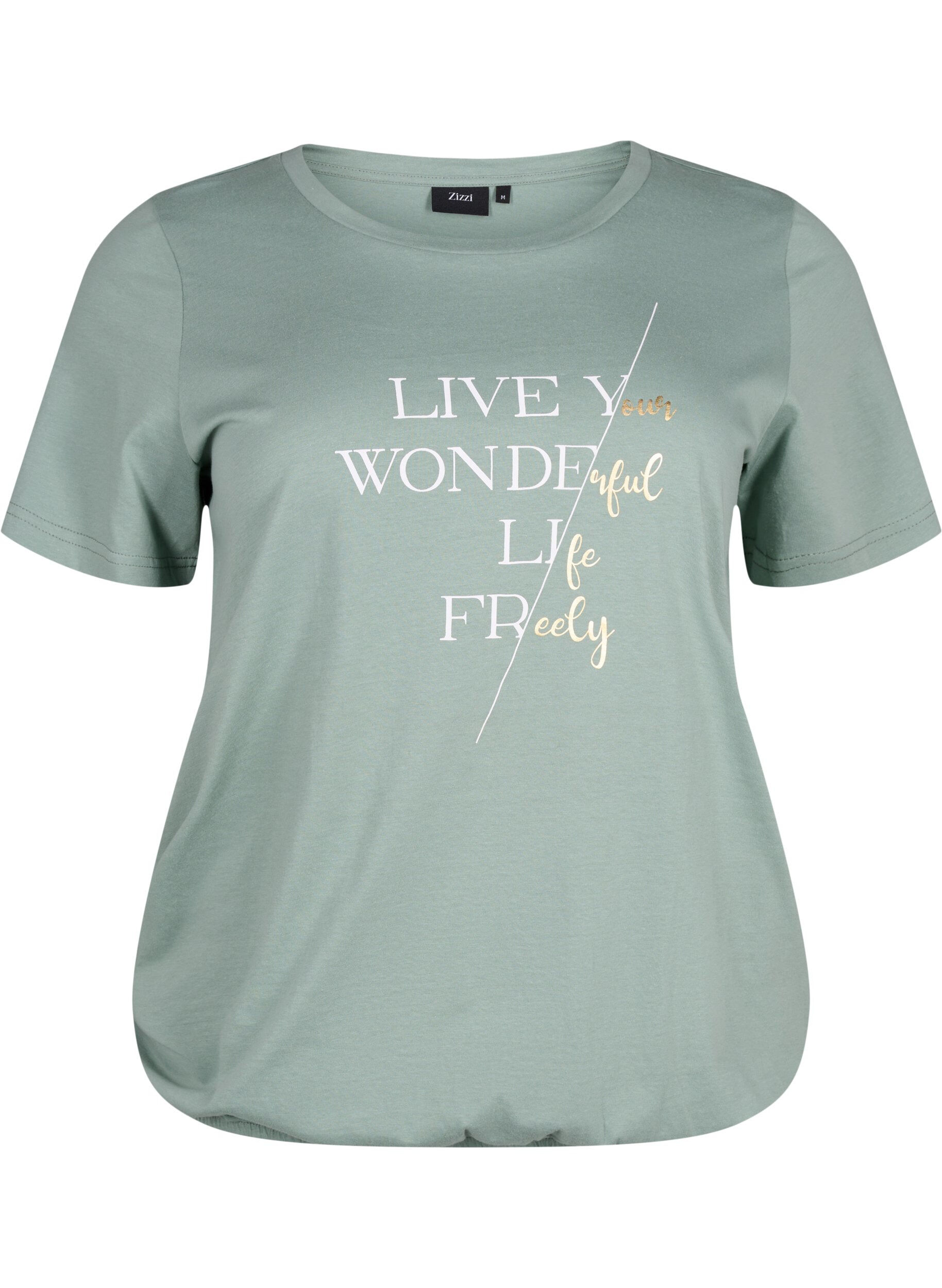 Zizzi Kortermet T-skjorte i bomull med elastisk kant, Chinois G. W. Live, Packshot image number 0