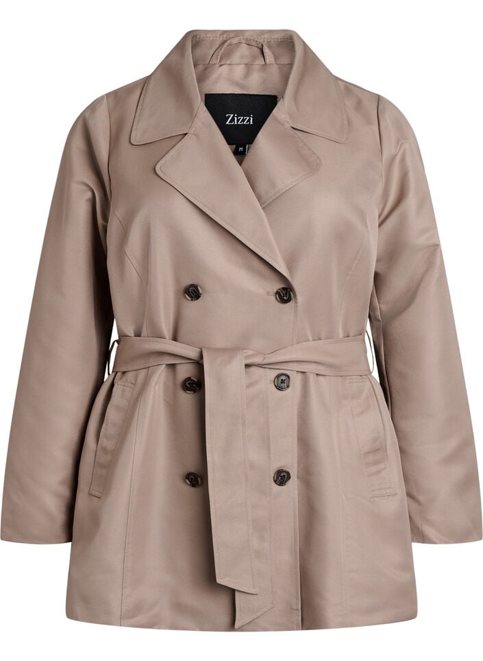 Kort trenchcoat med belte, Grå, Packshot image number 0