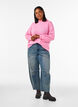 Ribbestrikket genser med puffede ermer og knapper, Rosa, Model image number 1