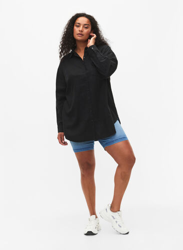 Lang skjorte i lin-viskoseblanding, Black, Model image number 2