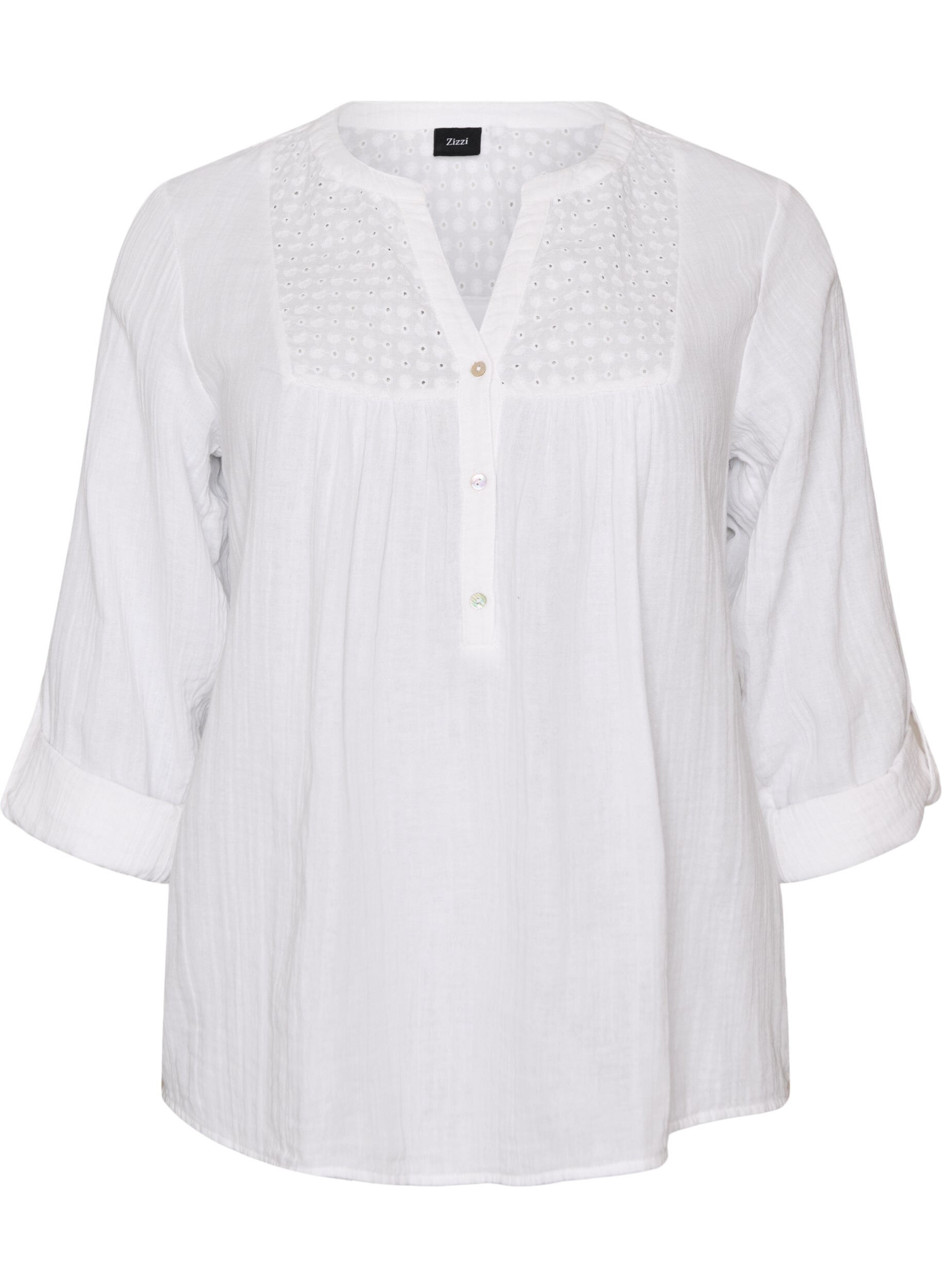 Bluse i bomullsmuslin med broderie anglaise