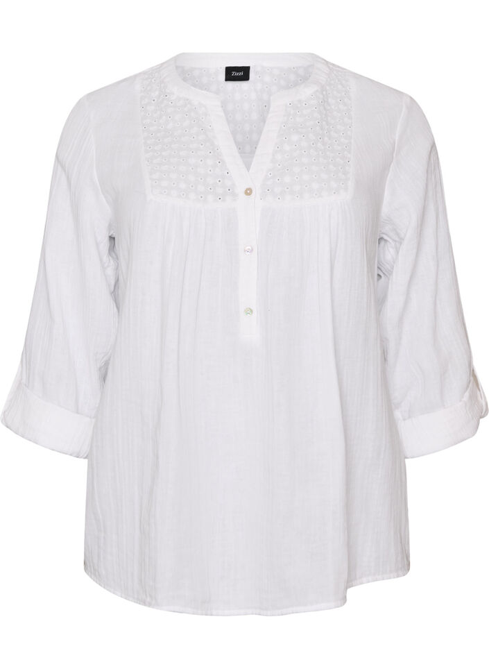 Bluse i bomullsmuslin med broderie anglaise, Hvit, Packshot image number 0