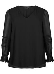 Bluse med V-hals og ermer med volanger, Black