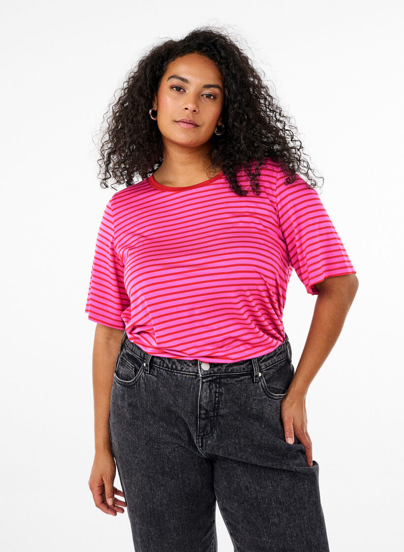 T-skjorte med TENCEL™ Lyocell og striper, Rosa, Model image number 0