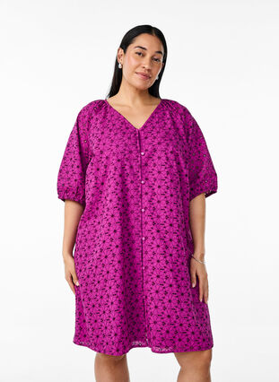 Zizzi Kort kjole med brodert blomster mønster, Vivid Viola, Model image number 0