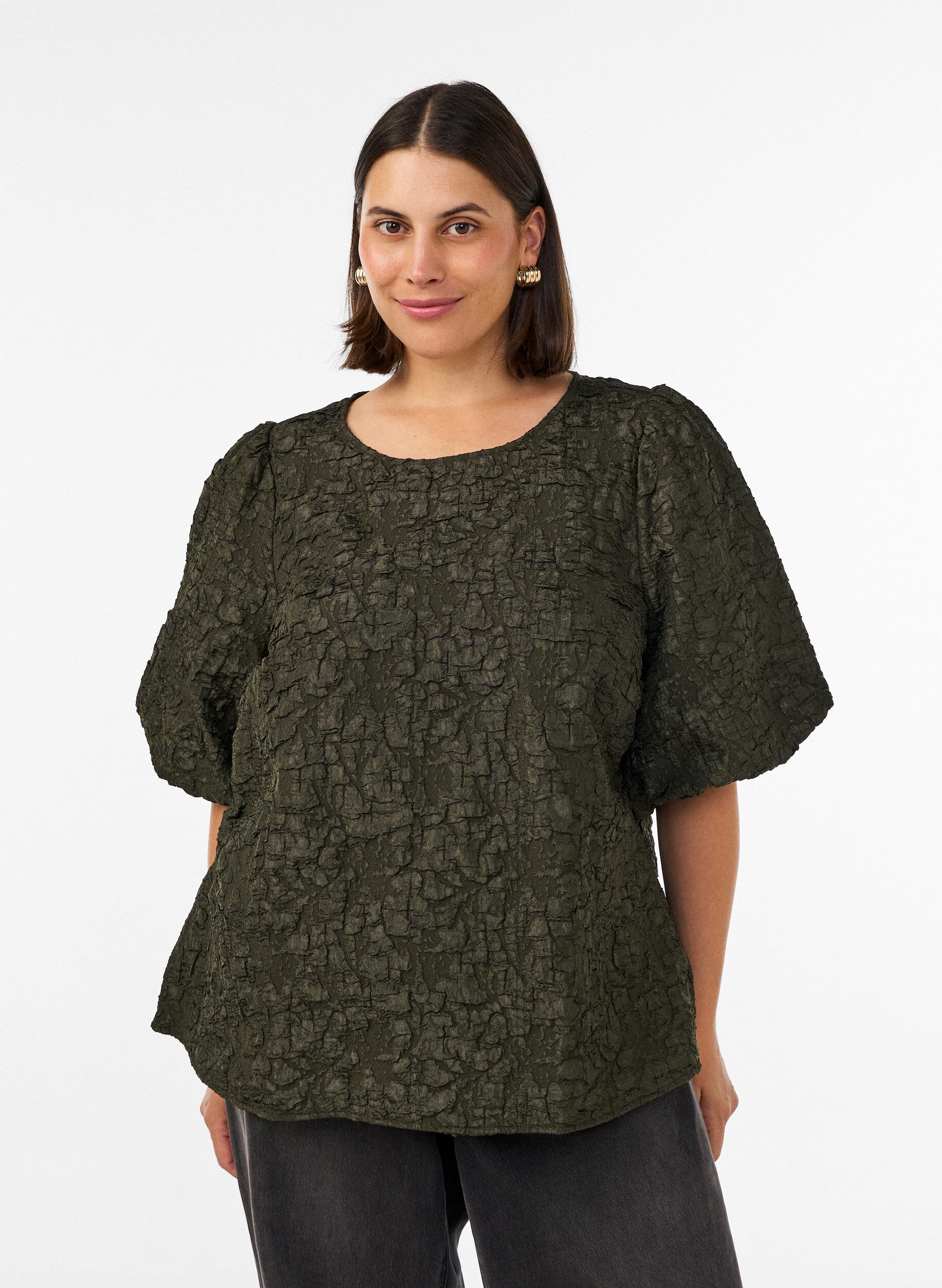 Jacquard bluse med puffermer og A-linjeform, Gr&oslash;nn, Model