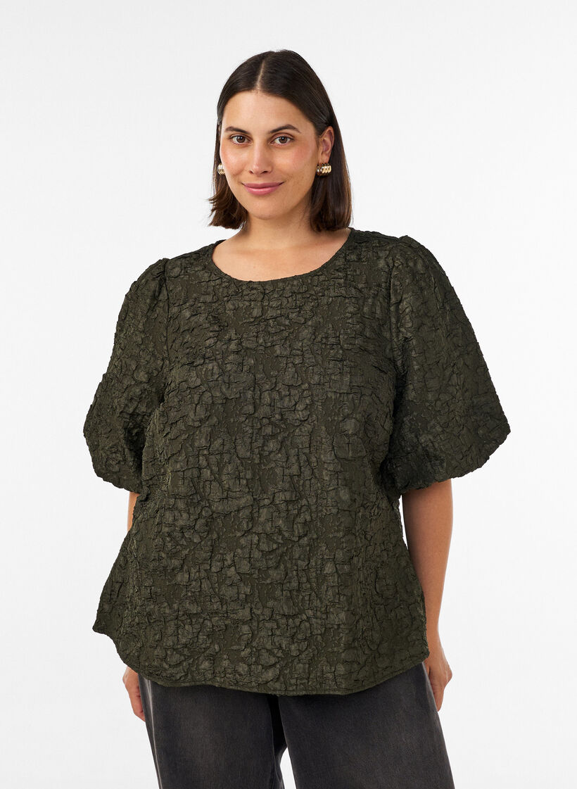Jacquard bluse med puffermer og A-linjeform, Gr&oslash;nn, Model image number 0