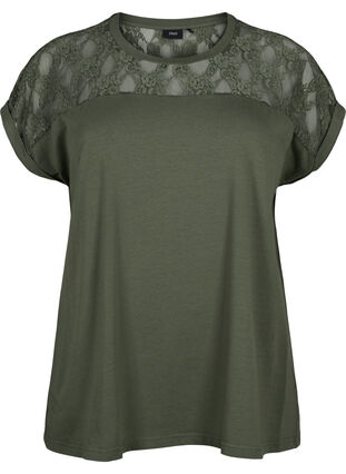 Kortermet t-skjorte i bomull med blonder, Thyme, Packshot image number 0
