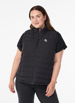 Zizzi Sporty polstret vest med glidelås og lommer, Black, Model image number 0