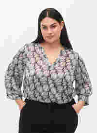 Bluse med mønster og 3/4-ermer, Black White Leaf, Model