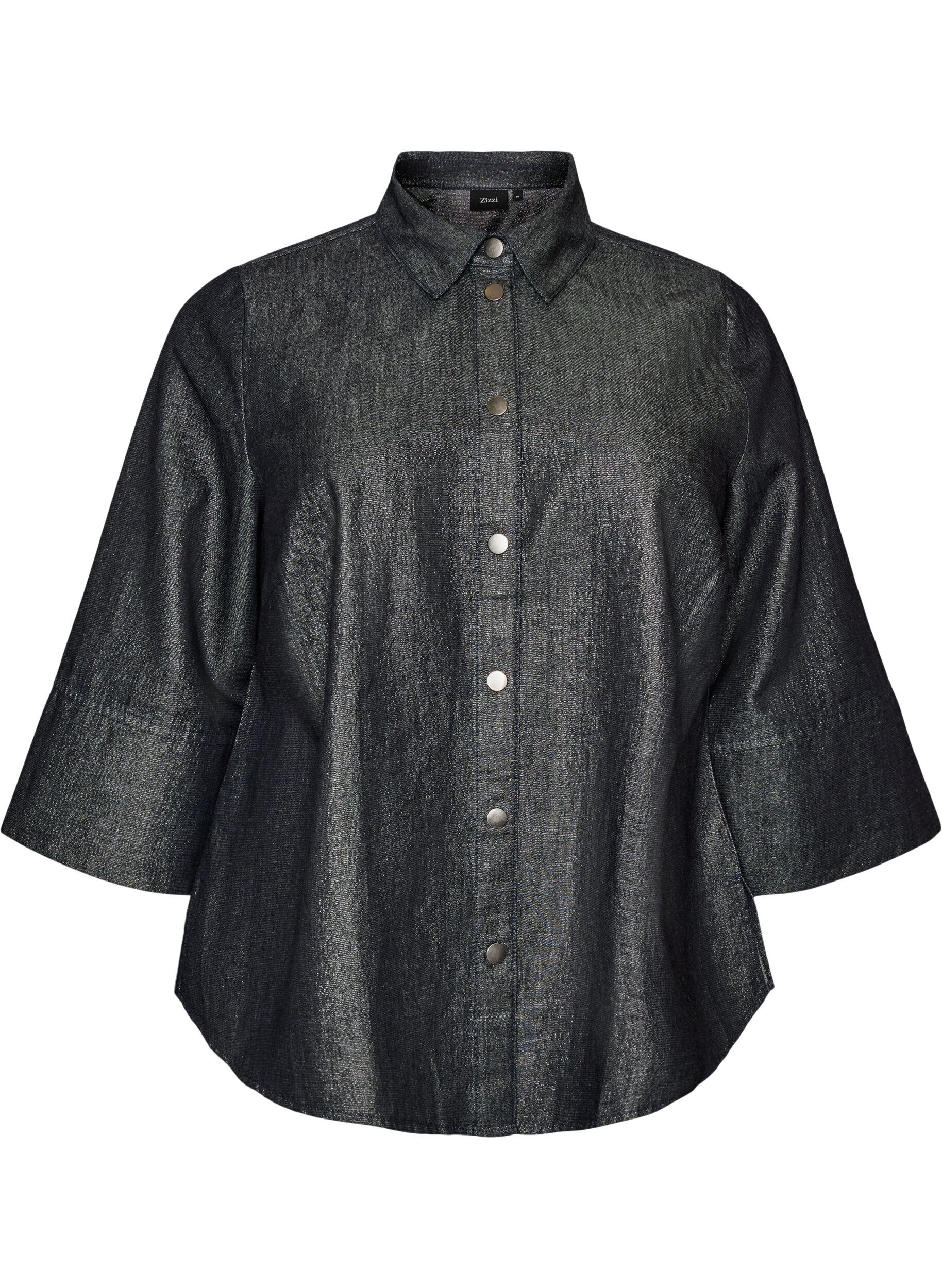 ZizziDenimskjorte med glittertr&aring;d og 3/4 ermer, Gr&aring;, Packshot image number 0