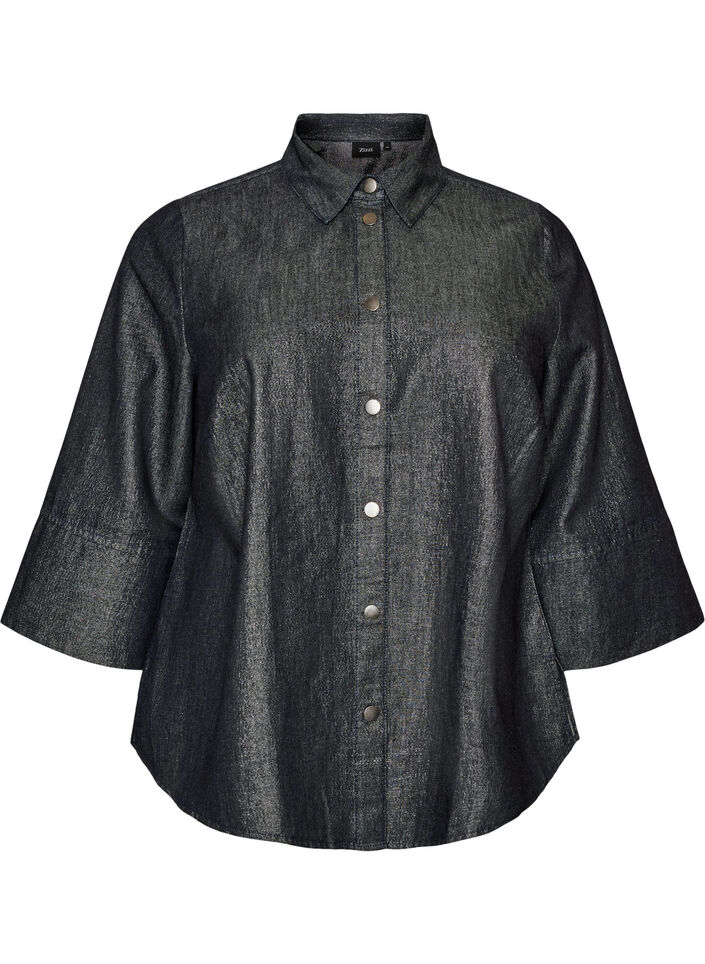 Denimskjorte med glittertr&aring;d og 3/4 ermer, Gr&aring;, Packshot image number 0