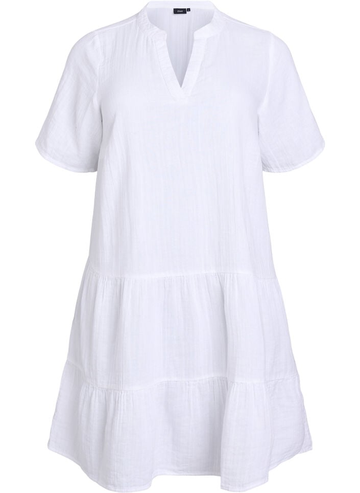 Kort A-linjekjole i bomullsmuslin, Hvit, Packshot image number 0