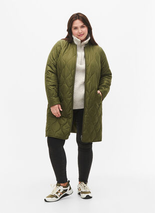 Zizzi Lang quiltet jakke med lommer og glidelås, Winter Moss, Model image number 4