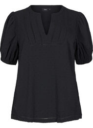 Bluse med korte puff ermer og prikkete tekstur, Black