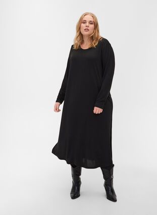 Ensfarget kjole med lange ermer og splitt, Black, Model image number 2