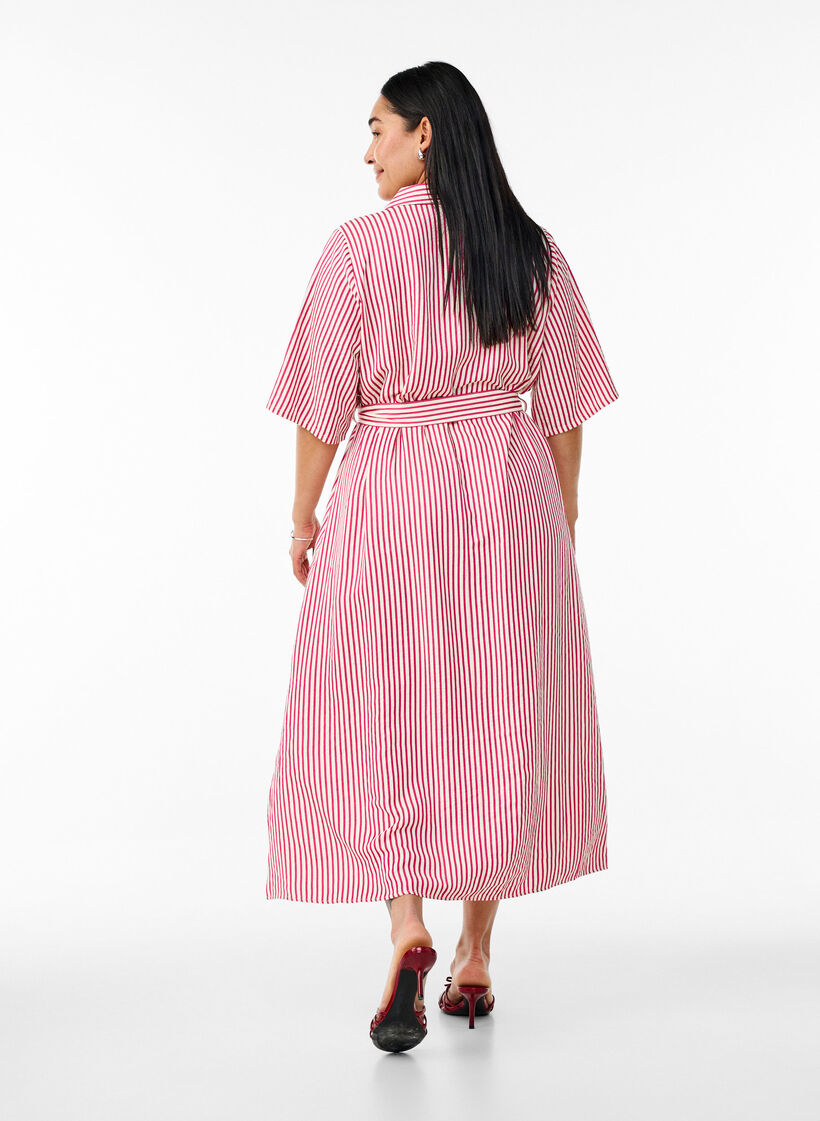 Skjortekjole i ankellengde med bindebelte og striper, Rosa, Model image number 1