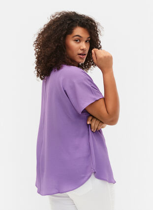 Bluse med korte ermer og rund hals, Deep Lavender, Model image number 1