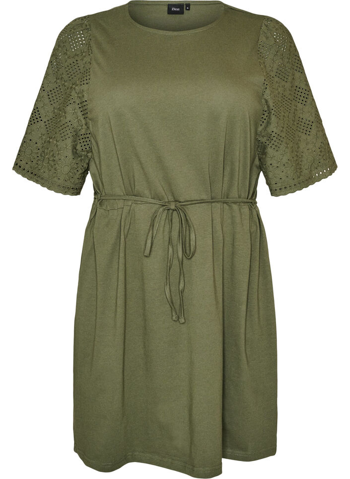 Bomullskjole med broderie anglaise-ermer og knytebelte, Gr&oslash;nn, Packshot image number 0