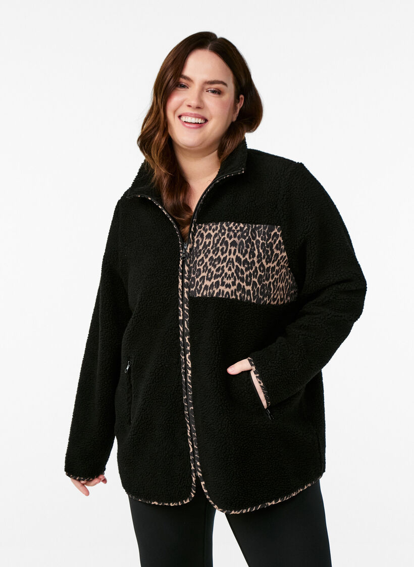 Teddy fleece-jakke med leoparddetaljer, Svart, Model image number 0
