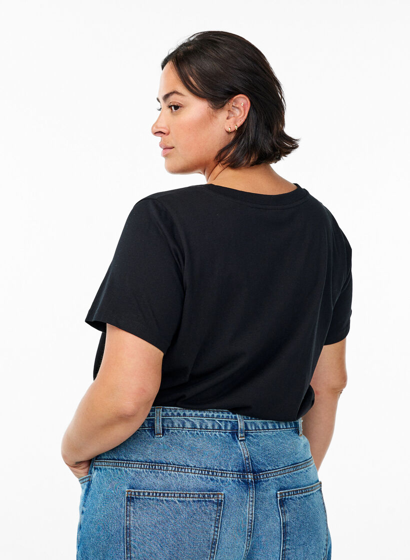 Enkel T-skjorte i bomull med V-hals, Svart, Model image number 2