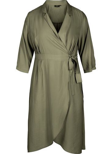 Omslagskjole med 3/4-ermer i viskose, Dusty Olive, Packshot image number 0