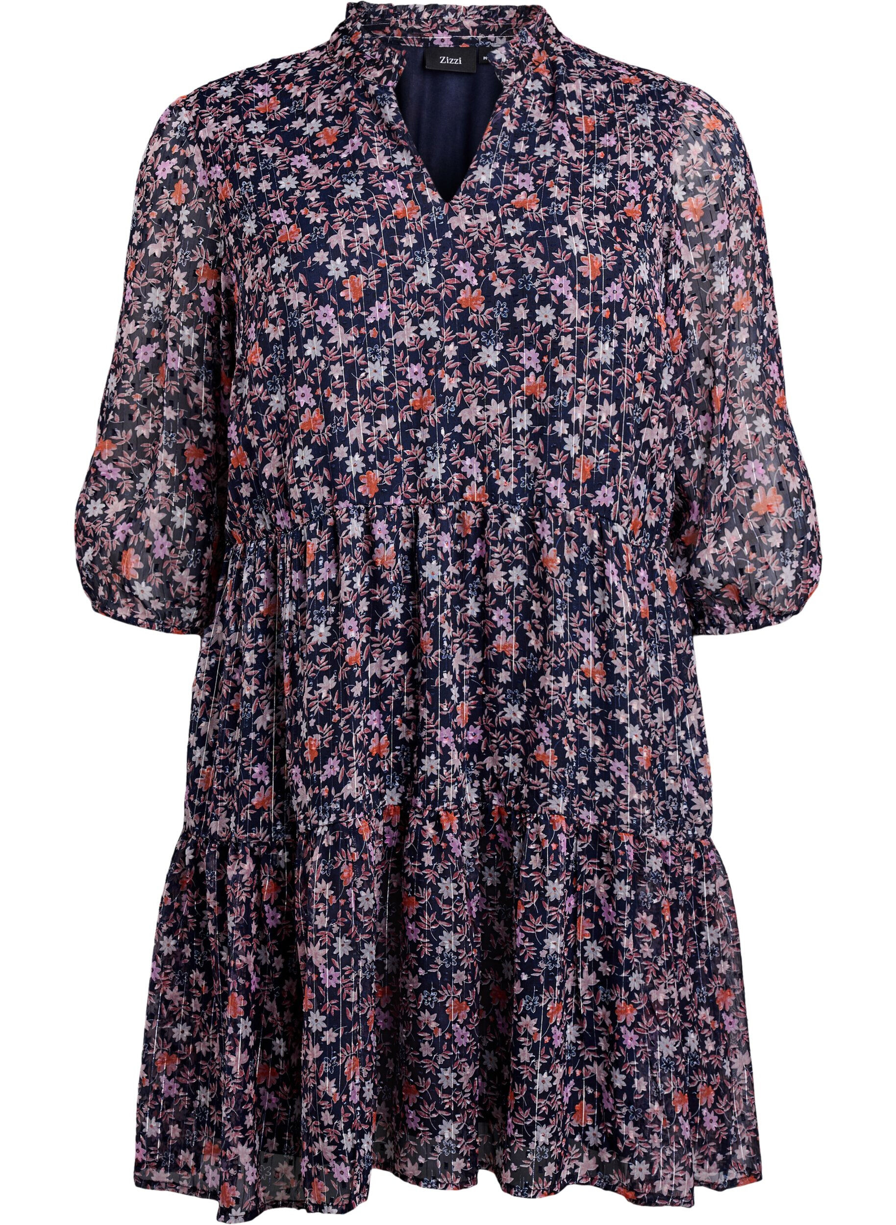 ZizziTunika med blomsterm&oslash;nster og glittertr&aring;der, Bl&aring;, Packshot image number 0
