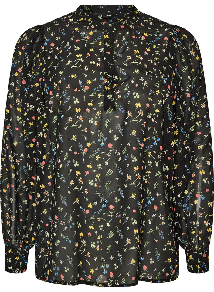 Bluse med heldekkende trykk og kort knappestolpe, Svart, Packshot image number 0