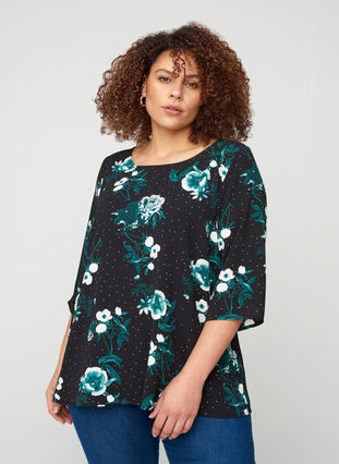Mønstrete bluse med blonderygg og 3/4-ermer, Black/Flower Dot, Model image number 0