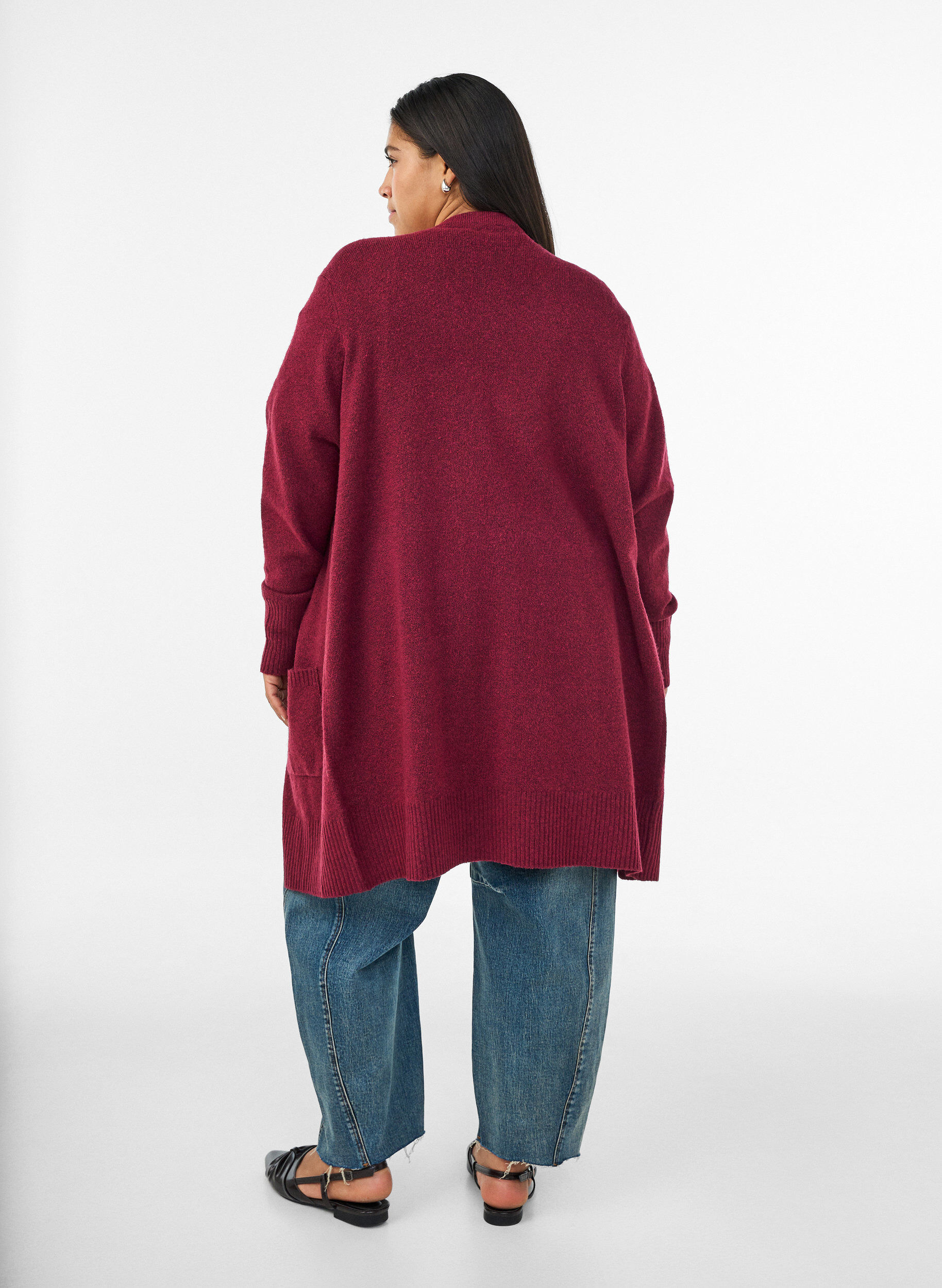 ZizziRibbestrikket cardigan med lommer, R&oslash;d, Model image number 2