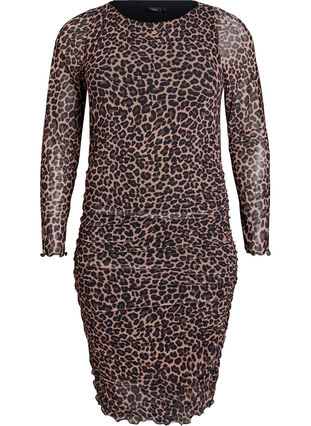 Zizzi Kort mesh-kjole med leopardtrykk, Brun, Packshot image number 0