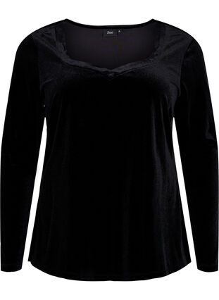 Bluse i velur med lange ermer, Black, Packshot image number 0