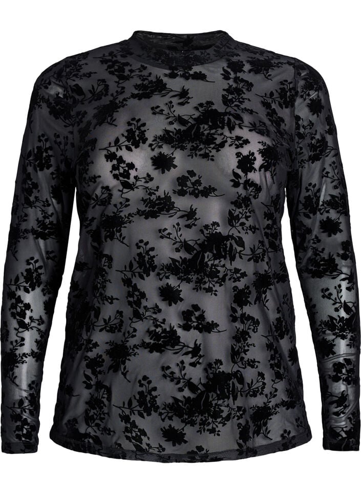 Bluse i mesh med blomstertrykk, Svart, Packshot